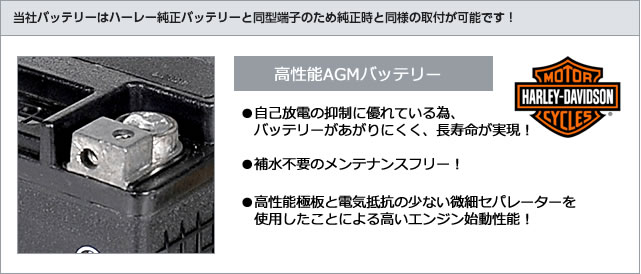 オリエンタルハーレー用バッテリーはハーレー純正バッテリーと同型端子のため純正時と同様の取り付けが可能です!